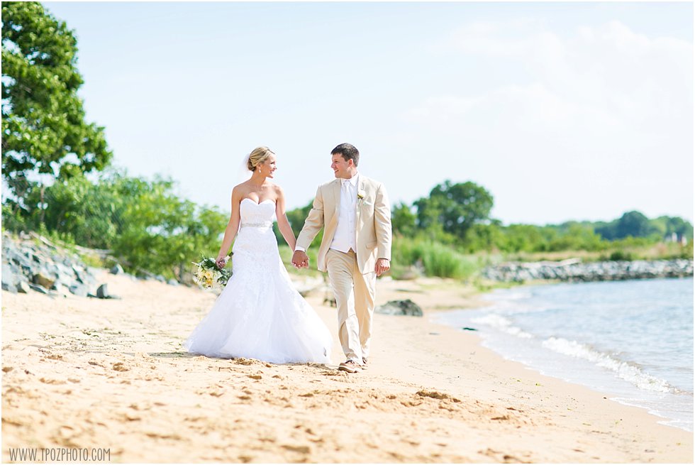 Chesapeake Bay Beach Club wedding, bride & groom on the beach