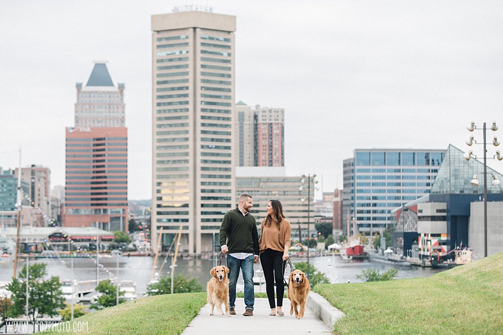 A couple and their dogs walking, Baltimore engagement photos